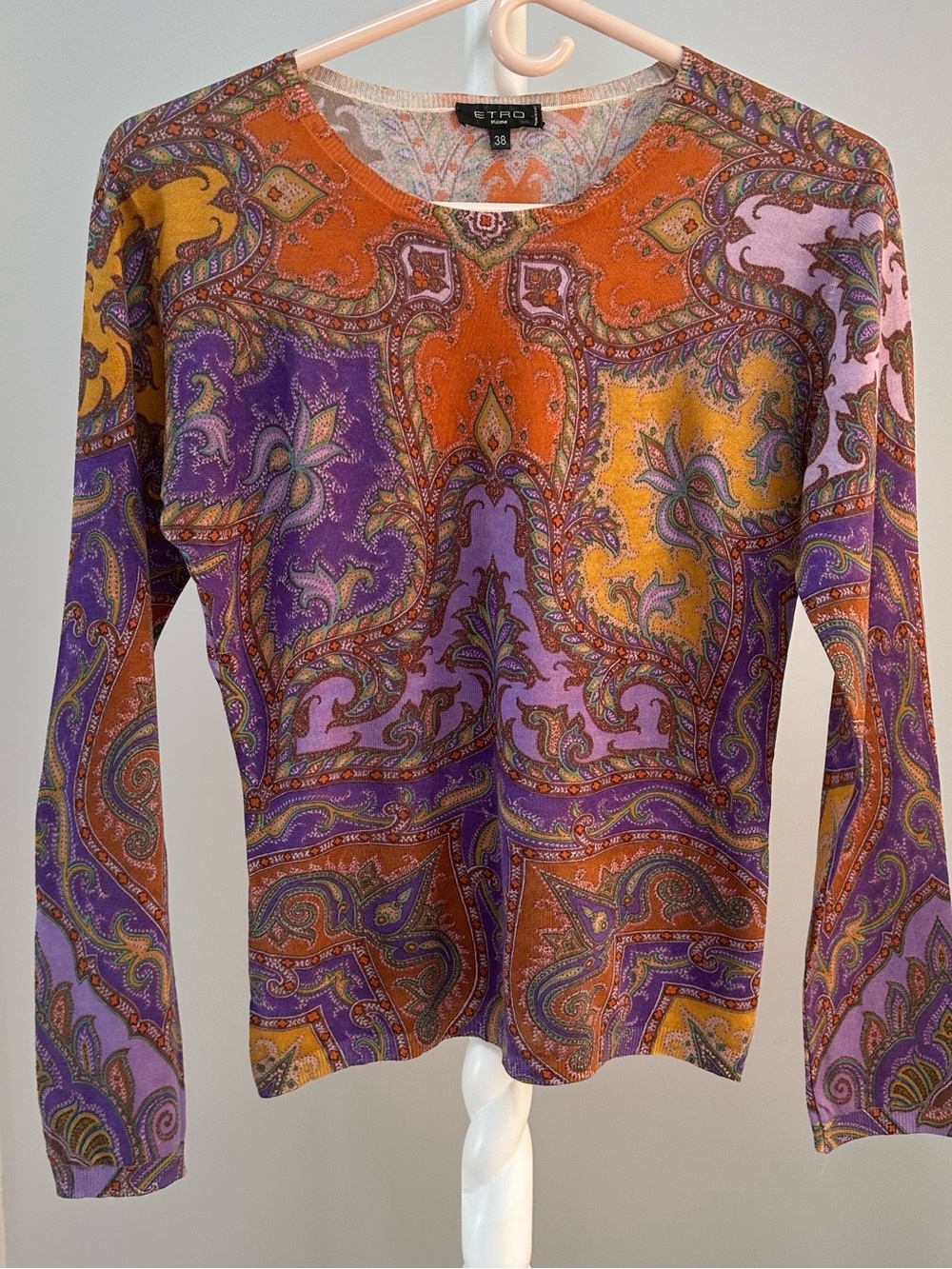ETRO Milano Silk Cashmere Paisley Long Sleeve Top Size 38 XS Made in Italy